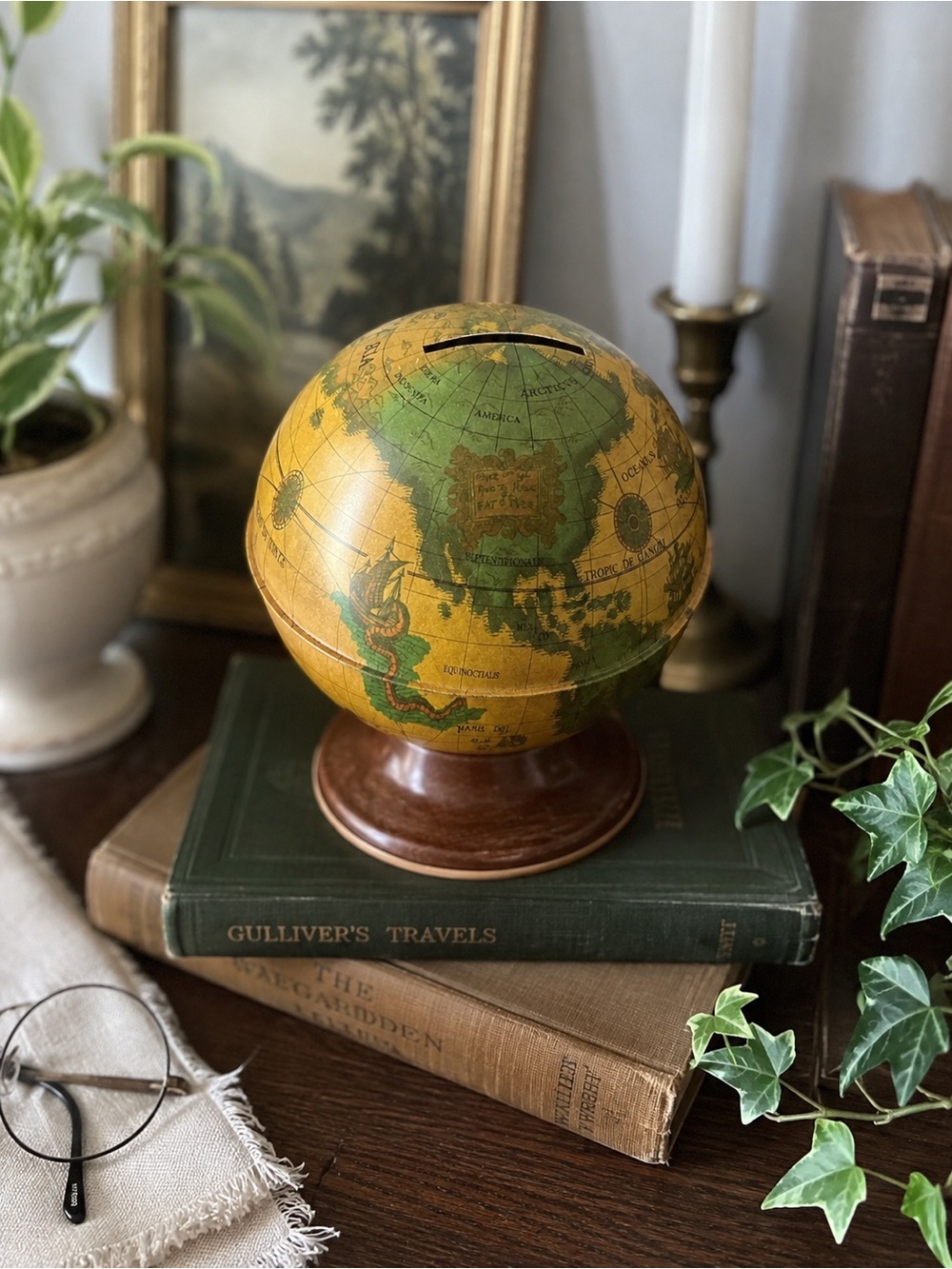 Vintage Ohio Art Old World Globe Coin Bank Tin Litho 1950s 1960s